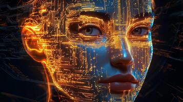 A futuristic portrait of a woman with a high-tech circuit pattern glowing on her face, symbolizing the fusion of humanity and technology photo