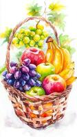 A colorful basket filled with a variety of fresh fruits including apples, grapes, bananas, and grapes set against a bright background photo