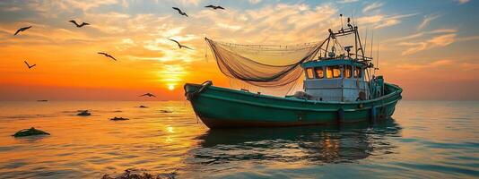 Fishing boat anchored at sunset, casting a net while seagulls soar over tranquil waters photo