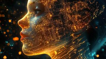 A futuristic digital representation of a human face illuminated by intricate circuits and glowing patterns, showcasing technology and art photo