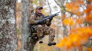 A hunter sits quietly in a tree stand, waiting for deer near a forested area during fall in the early morning light photo