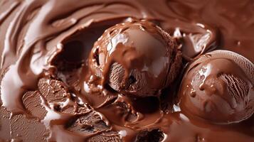 Rich chocolate ice cream scoops melting in a pool of glossy chocolate sauce on a cool, inviting dessert plate photo