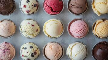 A colorful assortment of ice cream scoops arranged neatly in small bowls on a chilled surface during a summer celebration photo