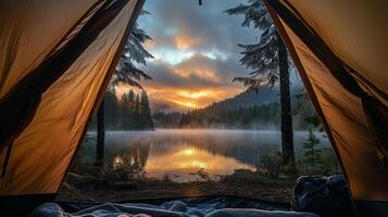 A tranquil sunrise view from a tent by a misty lake surrounded by tall trees in a serene forest setting photo