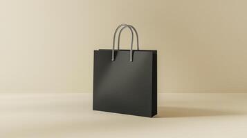 A minimalist black shopping bag displayed on a beige surface in a well-lit indoor setting photo