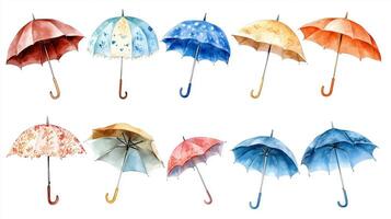 Colorful collection of decorative umbrellas displayed against a white background highlighting various patterns and styles for artistic inspiration photo