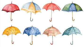 Colorful collection of umbrellas in various patterns displayed on a bright white backdrop showcasing creativity and design photo