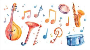 Colorful musical instruments and notes create a cheerful atmosphere featuring a lute, trumpet, saxophone, and drums in a playful arrangement photo