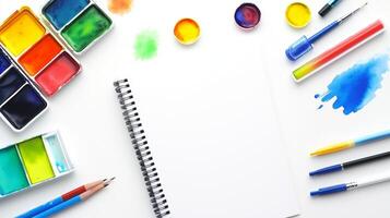 Art supplies neatly arranged around a blank sketchbook on a white table, ready for creative exploration with watercolors and pencils photo