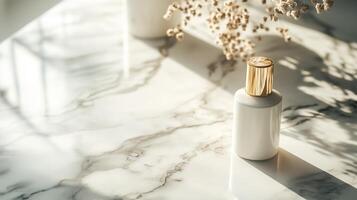Elegant white cosmetic bottle placed on a marbled surface with delicate shadows and dried flowers creating a serene atmosphere in soft light photo