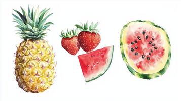 Fresh fruits of pineapple, strawberries, and watermelon displayed in a colorful arrangement on a white background photo