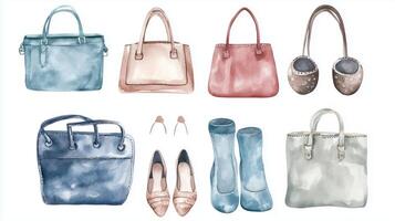 A colorful collection of handbags and footwear arranged artistically on a white background showcasing various styles and designs photo
