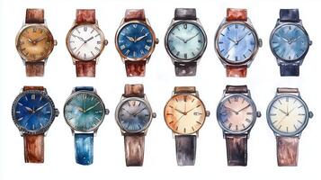 A collection of elegant wristwatches displayed on a white background showcasing various designs and colors featuring leather straps and unique dials photo