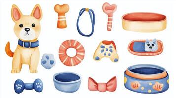 Cute dog with colorful toys and accessories arranged in a playful layout, perfect for pet lovers seeking design inspiration photo