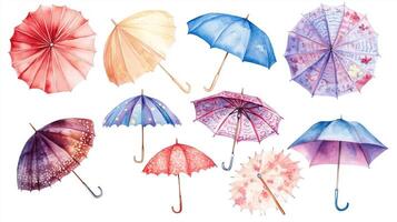 A colorful collection of decorative umbrellas displayed against a white background showcasing various patterns and colors photo