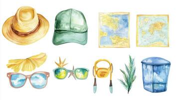 A summer travel essentials collection featuring a straw hat, green cap, maps, sunglasses, and a trash bin in a bright, cheerful layout photo