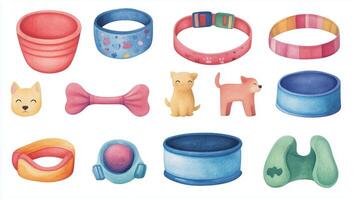 Colorful collection of pet accessories including bowls, toys, and collars arranged neatly on a white background photo