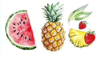 Colorful watercolor illustration of fresh fruits including watermelon, pineapple, strawberries, and a slice of pineapple on a white background photo