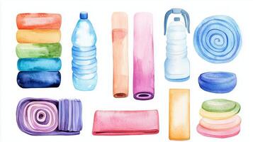 Colorful assortment of yoga mats, water bottles, and accessories displayed in a flat layout on a bright background photo
