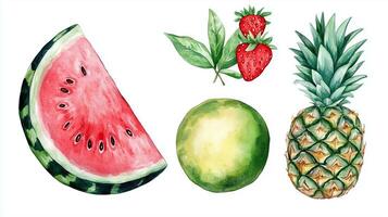 Fresh watermelon, pineapple, and strawberries arranged artistically against a white background in a colorful display photo