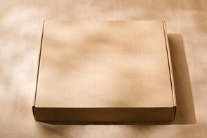 A plain cardboard box on a textured surface with soft light and shadows during the afternoon photo