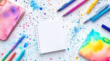 Creative workspace with colorful supplies, blank sketchbook, and vibrant inks on a splattered background in bright natural light photo