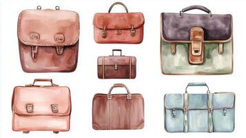 A collection of stylish leather bags in various shapes and colors arranged neatly on a flat surface photo