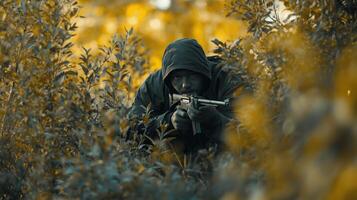 A soldier in camouflage crouched behind foliage, aiming a rifle in a dense forest during a military operation at dusk photo