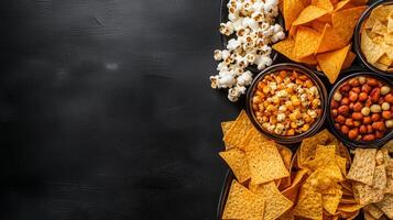 A colorful assortment of snacks including popcorn, nuts, and tortilla chips arranged for a casual gathering at home photo
