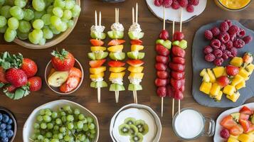 Colorful fruit skewers displayed on a wooden table surrounded by fresh fruits and yogurt during a sunny afternoon gathering photo