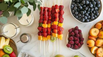 Fresh fruit skewers arranged on a white table with bowls of berries and other fruits at a summer gathering photo