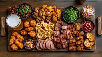 An enticing spread of various appetizers and snacks featuring fried items, meats, and fresh vegetables on a wooden board with beer photo