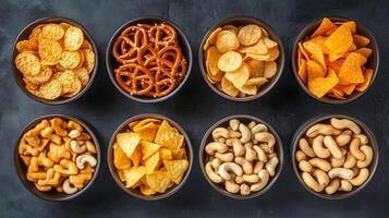 A colorful assortment of snacks arranged in bowls, featuring chips, pretzels, and nuts on a dark background photo