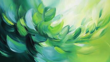 Vibrant abstract painting depicting dynamic green and blue leaf-like shapes against a soft gradient background photo