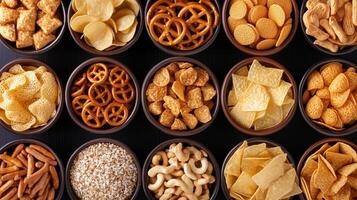 A colorful assortment of snacks displayed in bowls during a gathering at home, highlighting various textures and flavors on a table photo