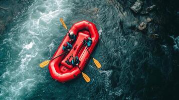 Group of four people rafting on a bright red inflatable boat in a fast-flowing river surrounded by rocks and greenery during a sunny day photo