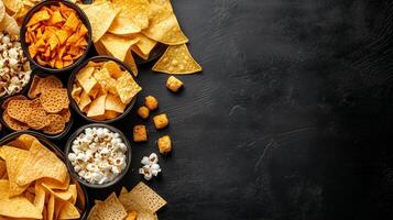 A colorful assortment of snacks on a dark surface ideal for gatherings or movie nights photo