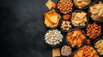 Variety of snacks displayed in bowls arranged on a dark surface for a casual gathering or party photo
