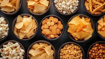 A delightful spread of snacks including chips, popcorn, and crackers arranged in bowls for a gathering or celebration photo