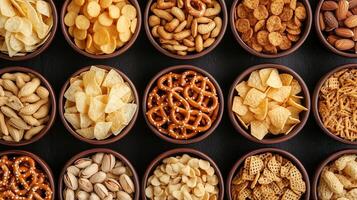 A colorful array of snacks including chips, pretzels, and nuts arranged in wooden bowls on a dark surface photo