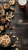 A rustic wooden table adorned with bowls of assorted nuts and a pint of beer for a social gathering photo