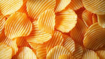 Golden, crispy potato chips arranged in a vibrant pattern, showcasing texture and color photo
