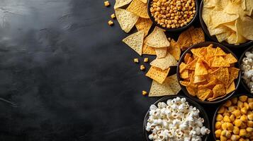 A colorful snack spread featuring popcorn, chips, and corn puffs arranged on a dark tabletop ready for sharing during a movie night photo