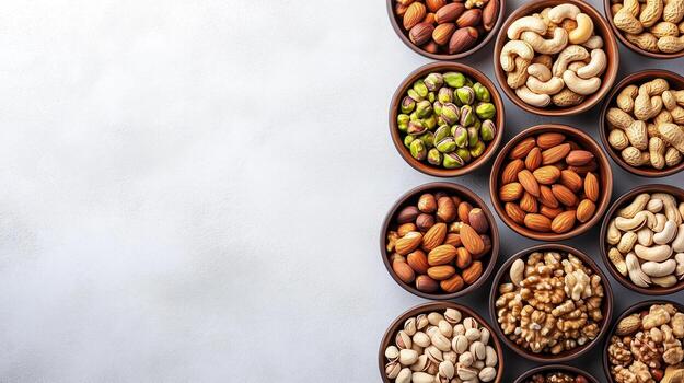 A colorful array of various nuts displayed in bowls on a light background for healthy snacking photo