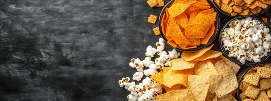 A colorful spread of crunchy snacks including popcorn, tortilla chips, and crackers on a dark, textured surface ready for sharing photo
