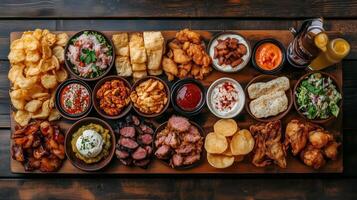 A vibrant spread of various dishes served on a wooden platter, highlighting the fusion of flavors in a festive dining setting photo