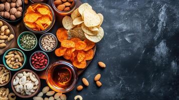 A vibrant assortment of snacks displayed on a wooden platter including nuts, chips, and seeds perfect for gatherings photo