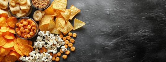 Variety of snacks arranged on a dark surface, showcasing chips, popcorn, and nuts perfect for parties or movie nights photo
