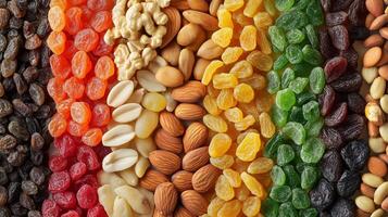 A vibrant display of assorted dried fruits and nuts arranged in colorful patterns for healthy snacking choices in a well-lit kitchen photo