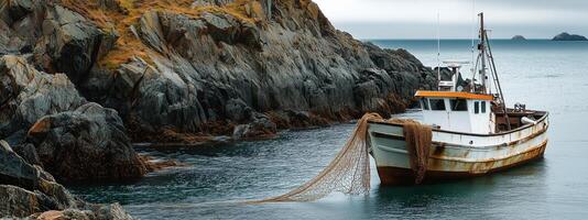 A weathered fishing boat rests in calm waters near rocky shores while casting nets on an overcast day, reflecting local maritime traditions photo